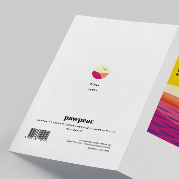 Rear of greeting card with 'pawpear' branding on a gray background