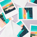 Colorful landscape illustrations on white cards with envelopes.