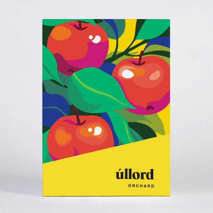 Colorful box of apples with 'ullord Orchard' branding on a white background