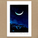 A vertical art print featuring a crescent moon in a starry night sky over dark rocky hills, with a white border and the text 'LOUGHCREW Peter Donnelly' at the bottom, displayed against a brown textured background.