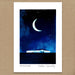 A square art print featuring a watercolor-style night sky with a crescent moon and stars above a small illuminated structure, shown against a brown kraft-paper background. The print has a white border with the text 'NEWGRANGE' and 'Peter Donnelly' at the bottom.