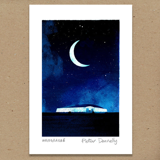 A square art print featuring a watercolor-style night sky with a crescent moon and stars above a small illuminated structure, shown against a brown kraft-paper background. The print has a white border with the text 'NEWGRANGE' and 'Peter Donnelly' at the bottom.