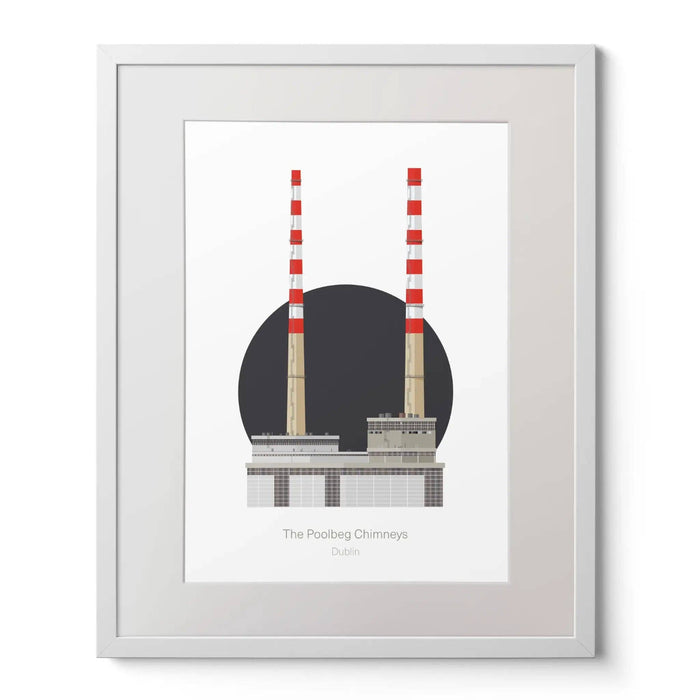 Framed artwork of the Poolbeg Chimneys in Dublin with a white border.