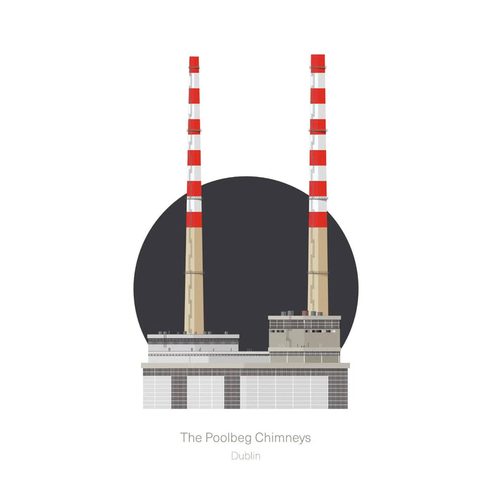 Illustration of The Poolbeg Chimneys in Dublin with red and white striped towers.