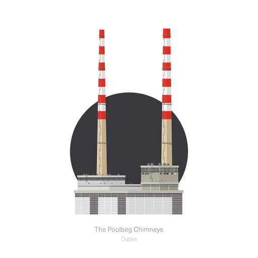 Illustration of The Poolbeg Chimneys in Dublin with red and white striped towers.