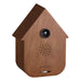 Wooden birdhouse-shaped speaker with a brown roof and white body on a white background