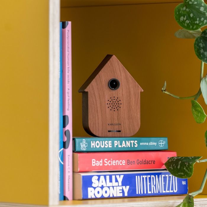 A small wooden house with a speaker grille and lens sits on top of a stack of colorful books on a mustard-yellow shelf, with a green plant leaf entering from the right side.