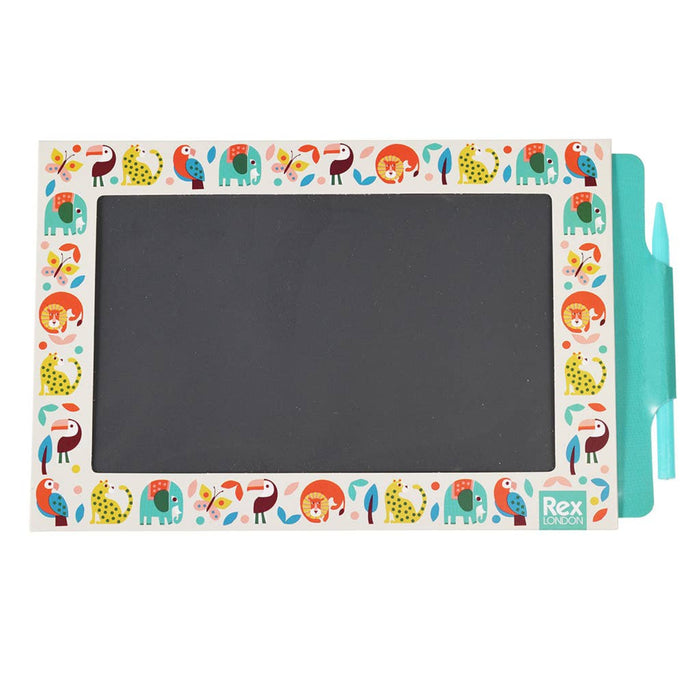 Small chalkboard with colorful animal border and Rex London branding