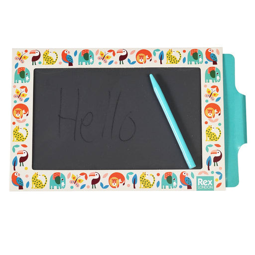 Small chalkboard with colorful animal border and a pen, featuring the brand 'Rex London'.