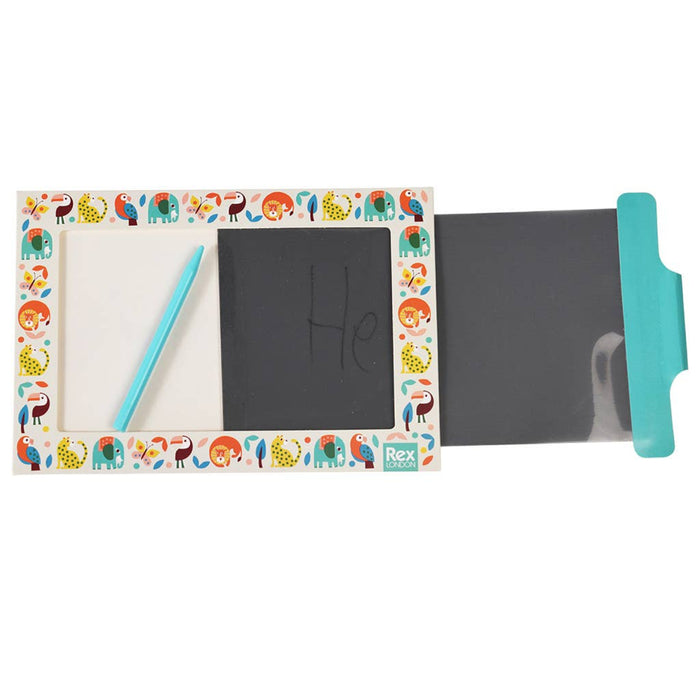 Children's drawing board with colorful animal border, white paper, and blue pencil on a white background.