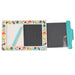 Children's drawing board with colorful animal border, white paper, and blue pencil on a white background.