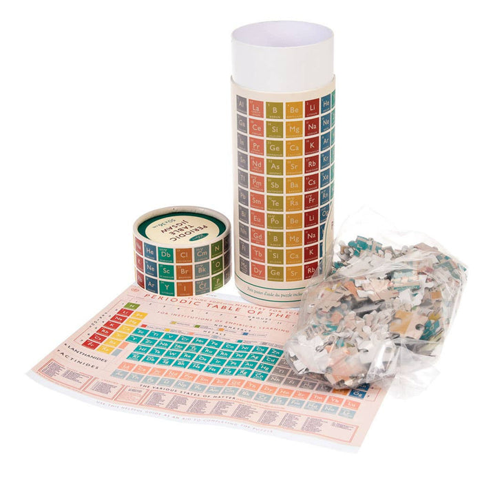 Periodic table-themed jigsaw including a cylindrical container, roll of paper, and bag on a white background