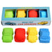 Four car-shaped erasers in green, red, yellow, and blue with a packaging box on a white background.