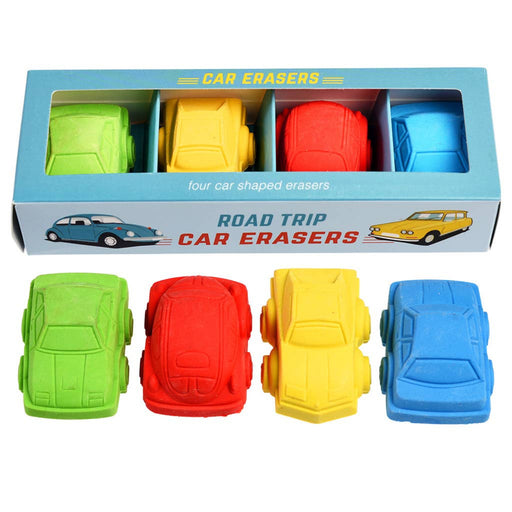 Four car-shaped erasers in green, red, yellow, and blue with a packaging box on a white background.