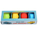 Box of car-shaped erasers with colorful designs on a white background