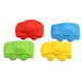 Four colorful car-shaped erasers on a white background