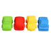 Four colorful erasers shaped like cars on a white background