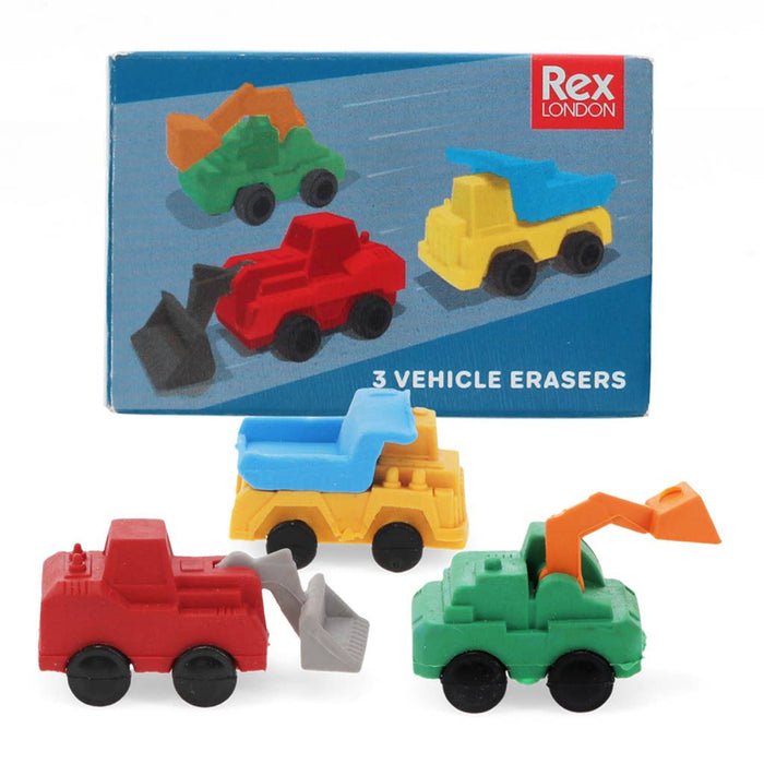 Set of three colorful vehicle-shaped erasers with packaging displaying the Rex London brand.