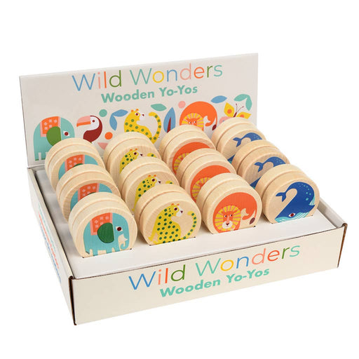 Box of Wild Wonders Wooden Yo-Yos with colorful animal illustrations on a white background