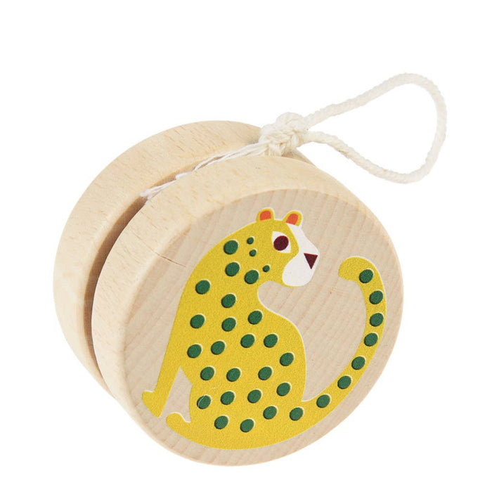 Wooden yo-yo with a leopard design on a white background