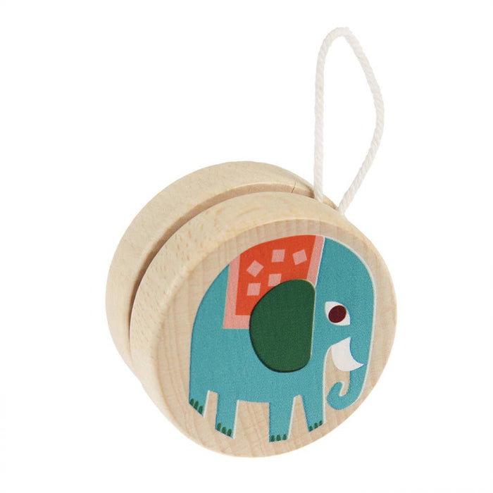 Wooden yo-yo with an elephant design on a white background
