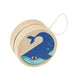 Wooden yo-yo with a blue whale design on a white background