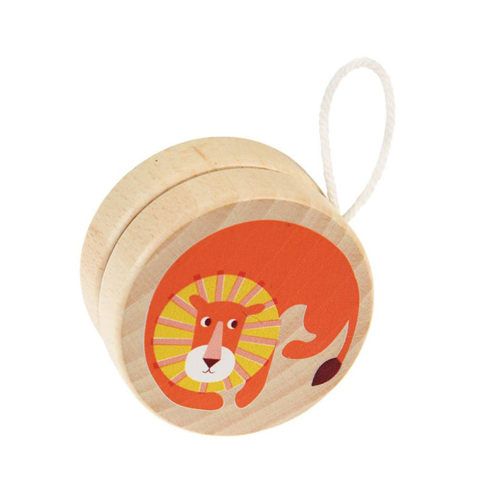 Wooden yo-yo with a lion design on a white background.