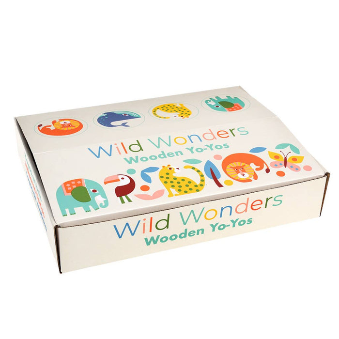 Box of Wild Wonders Wooden Yo-Yos with colorful animal illustrations on a white background