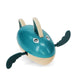 Teal coloured wooden toy shark on a white background