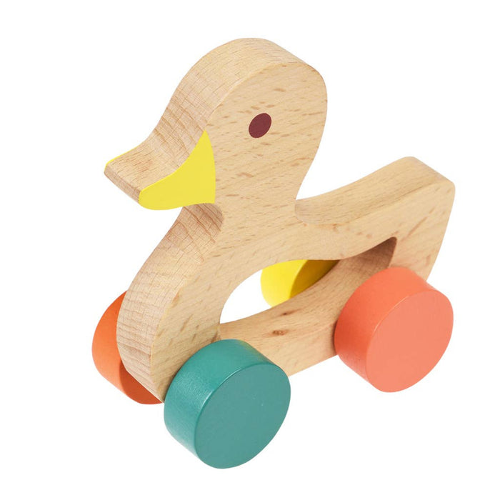 Wooden duck toy with colorful wheels on a white background
