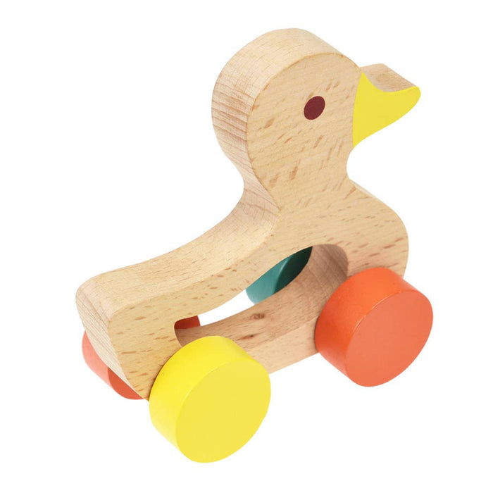 Wooden duck toy with colorful wheels on a white background