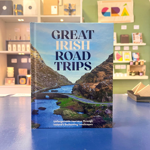 Book titled 'Great Irish Road Trips' on a blue surface with shelves in the background.