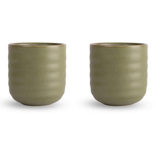 Two matching ribbed ceramic cups in a muted sage green color, shown side by side on a plain white background.