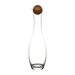 A clear glass carafe with a bulbous body and a dark brown wooden stopper, centered on a plain white background.