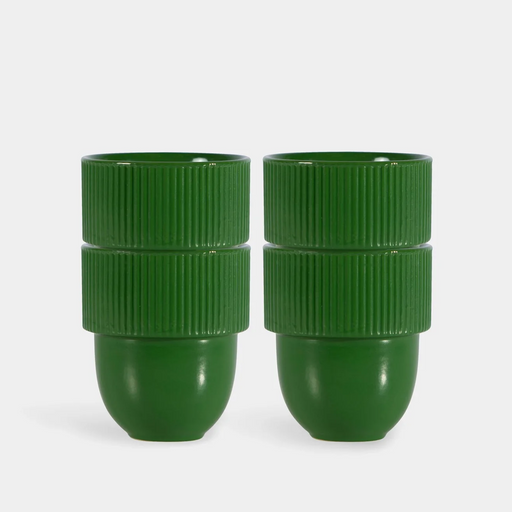 Two green ribbed plastic cups stacked vertically, shown side by side on a light gray background.