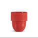 A small red plastic cup with a ribbed upper band and a smooth lower body, centered on a plain white background.