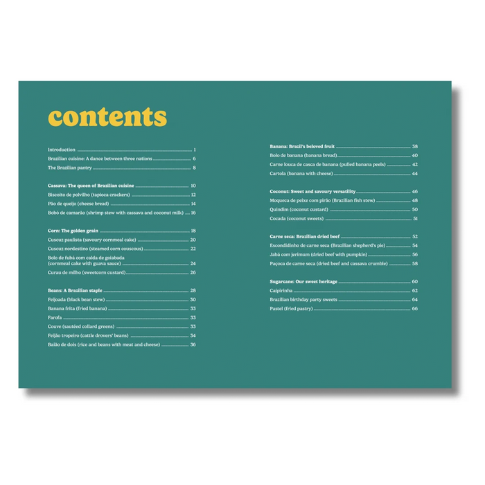 A teal book or magazine contents page with yellow title text reading 'contents' and black body text listing chapters and page numbers, shown on a white background.