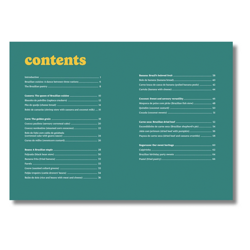 A teal book or magazine contents page with yellow title text reading 'contents' and black body text listing chapters and page numbers, shown on a white background.