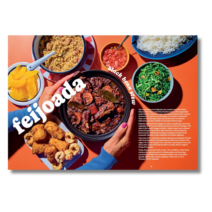 A magazine-style food spread on a bright orange background, featuring a central black bowl of feijoada with hands holding it, surrounded by side dishes including rice, greens, yellow fruit, fried items, and salsa. Large white text reads 'feijoada' and smaller text includes 'black bean feijoada.