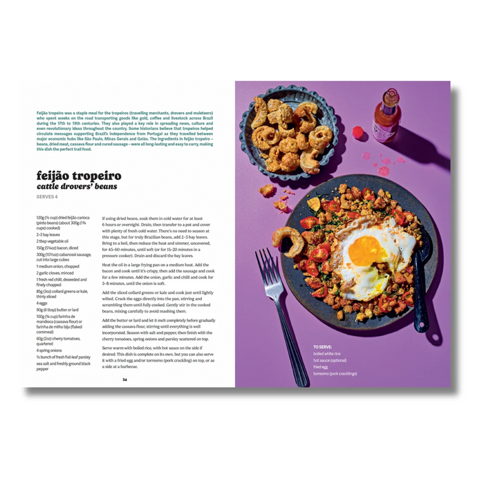A printed recipe card or magazine page featuring a food photograph of feijón tropeiro (cumin-droved beans) on a purple background, with recipe text on the left and the plated dish on the right.