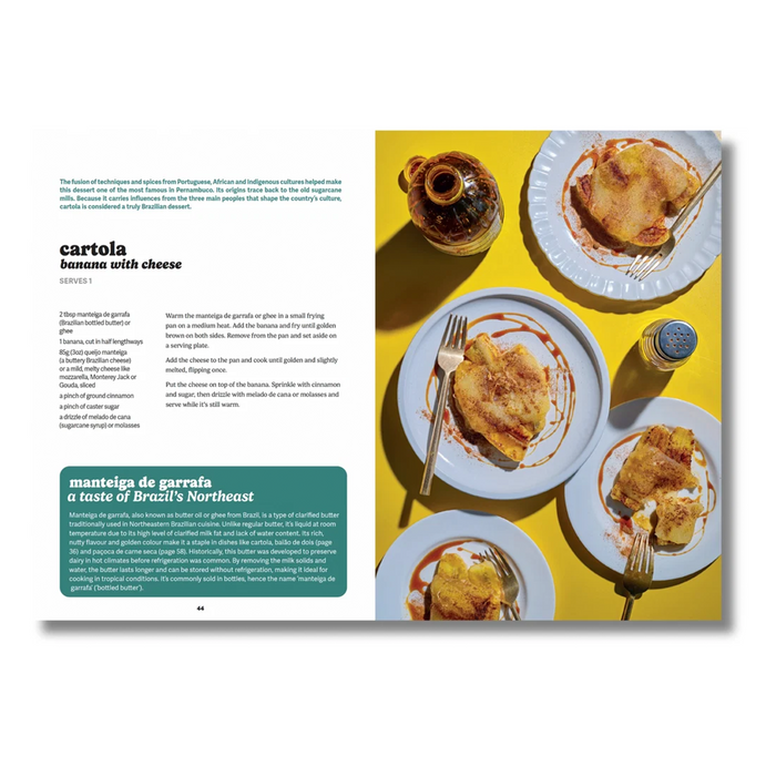 A printed magazine or cookbook spread showing a recipe for cartolina bonnet with cheese and a large food photograph of plated baked dishes on a bright yellow surface.
