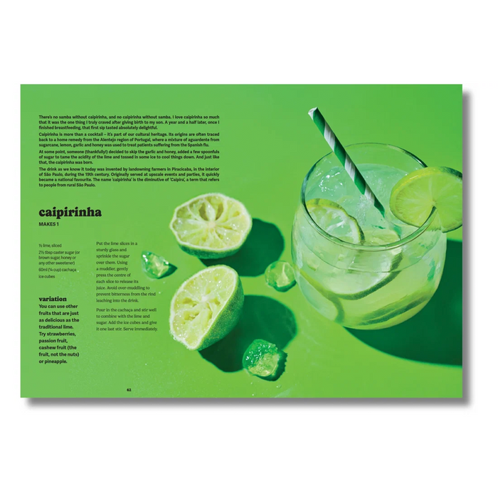 A printed recipe card for 'caipirinha' shown on a bright green background, featuring a glass of pale green drink with lime slices and a striped straw. The card includes text, ingredients, and preparation instructions.