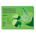 A printed recipe card for 'caipirinha' shown on a bright green background, featuring a glass of pale green drink with lime slices and a striped straw. The card includes text, ingredients, and preparation instructions.