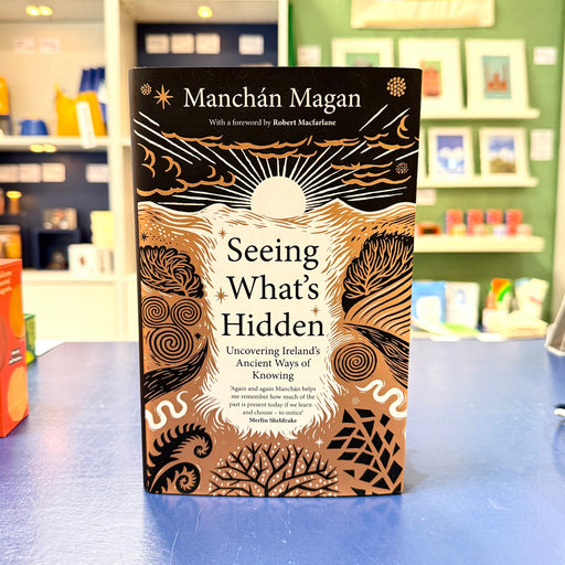 The book 'Seeing What's Hidden' by Manchán Magan stands upright on a blue table in a blurred bookstore setting. The cover features a black top section with gold Celtic-style stars and waves, a central cream-white wave pattern with a sun, and a brown bottom section with gold Celtic designs.