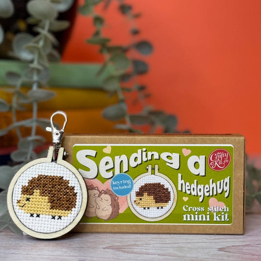 sending a hedgehug cross stitch mini kit packaging and cmbroidery hoop on a wooden surface in from of an orange background