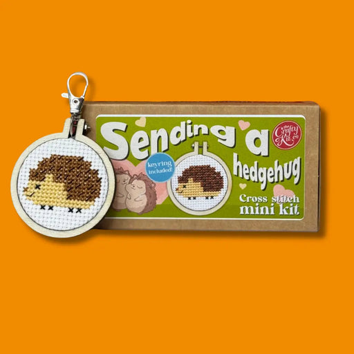 sending a hedgehug cross stitch mini kit pakcaging and embroidery hoop
