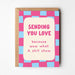 Card with 'Sending you love' message on a checkered background
