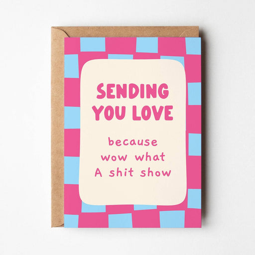 Card with 'Sending you love' message on a checkered background