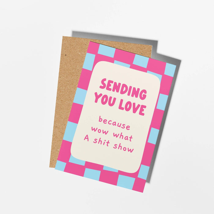 Greeting card with checkered border and text on a white background