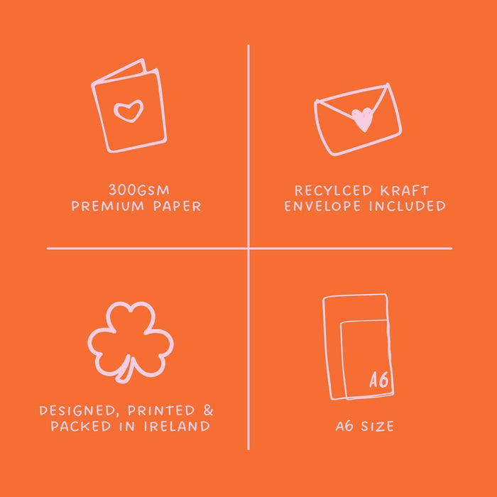 Orange background with white icons and text about paper and envelope details.